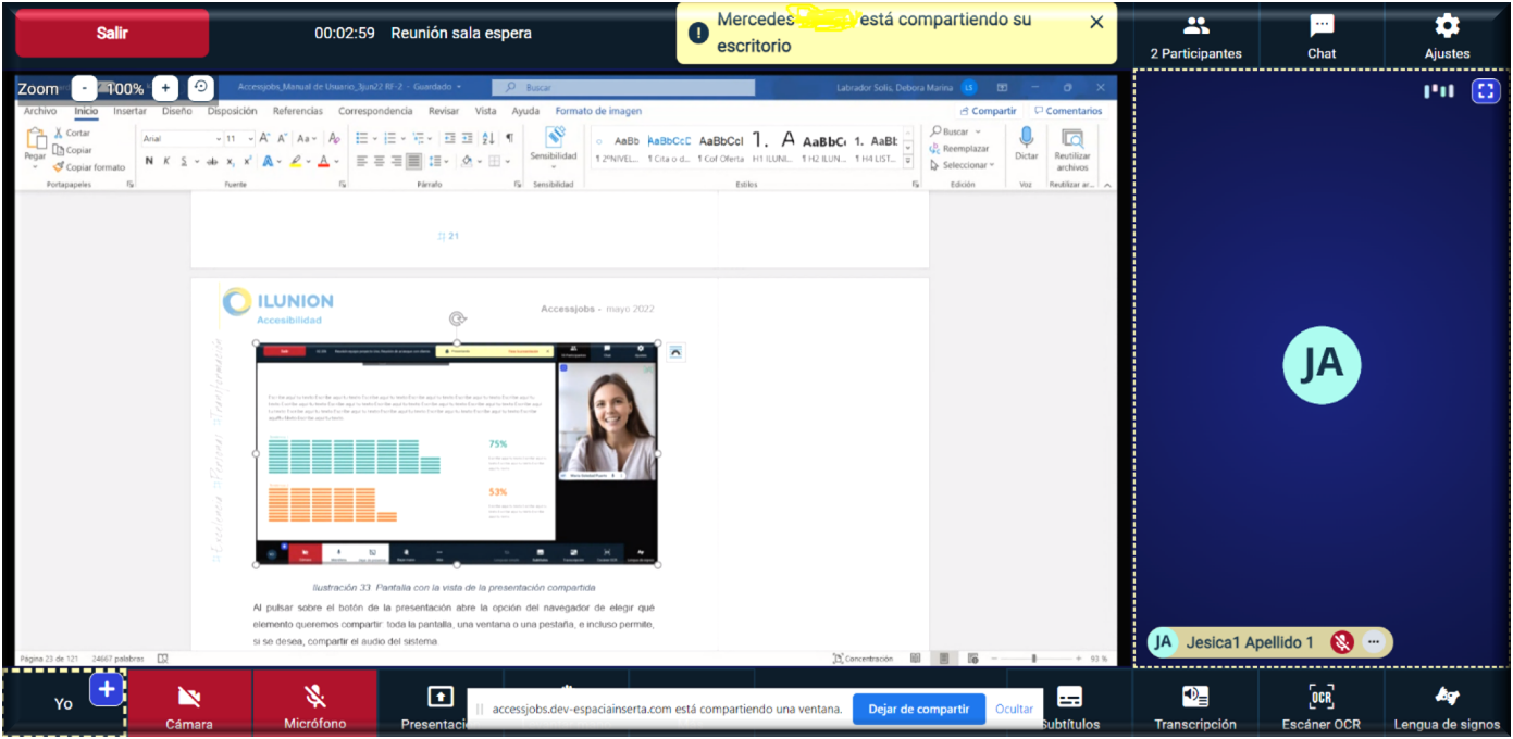 Pantalla con la vista de la presentación compartida