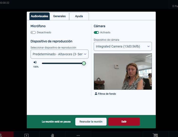 Modal de configuración del gestor para reanudar la reunión o salir