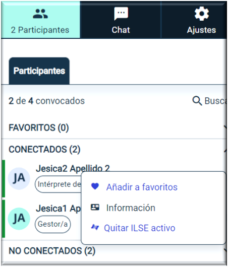 Menú de participantes con opciones desplegadas