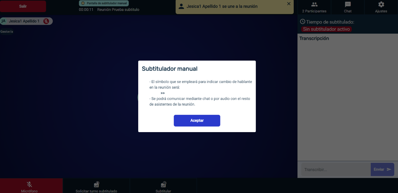 Ventana emergente con mensaje para el subtitulador manual